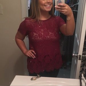 Burgundy Lace Short Sleeve Top
